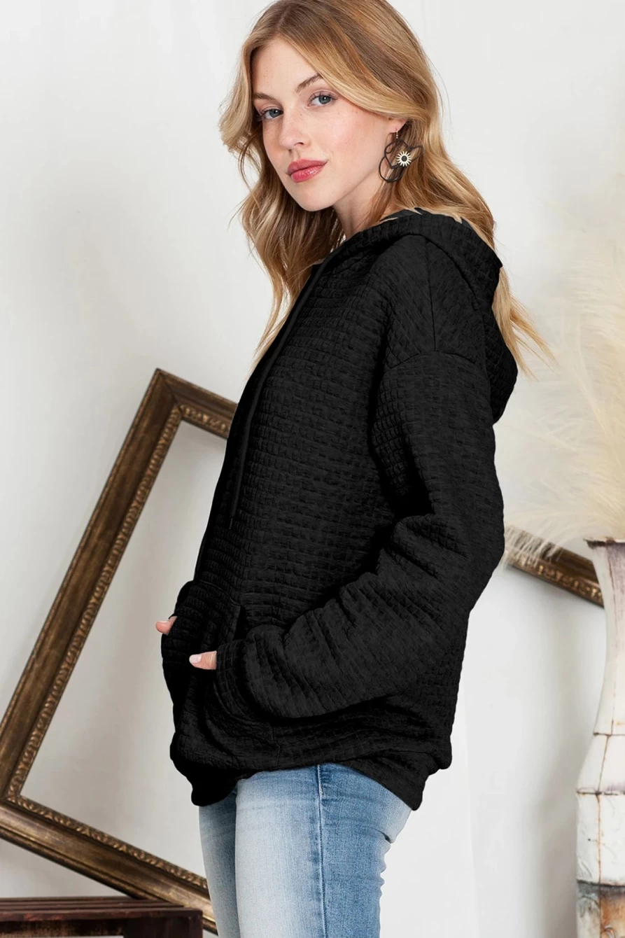Shewin Women's Black Lattice Textured Hoodie with Kangaroo Pocket & Drawstring
