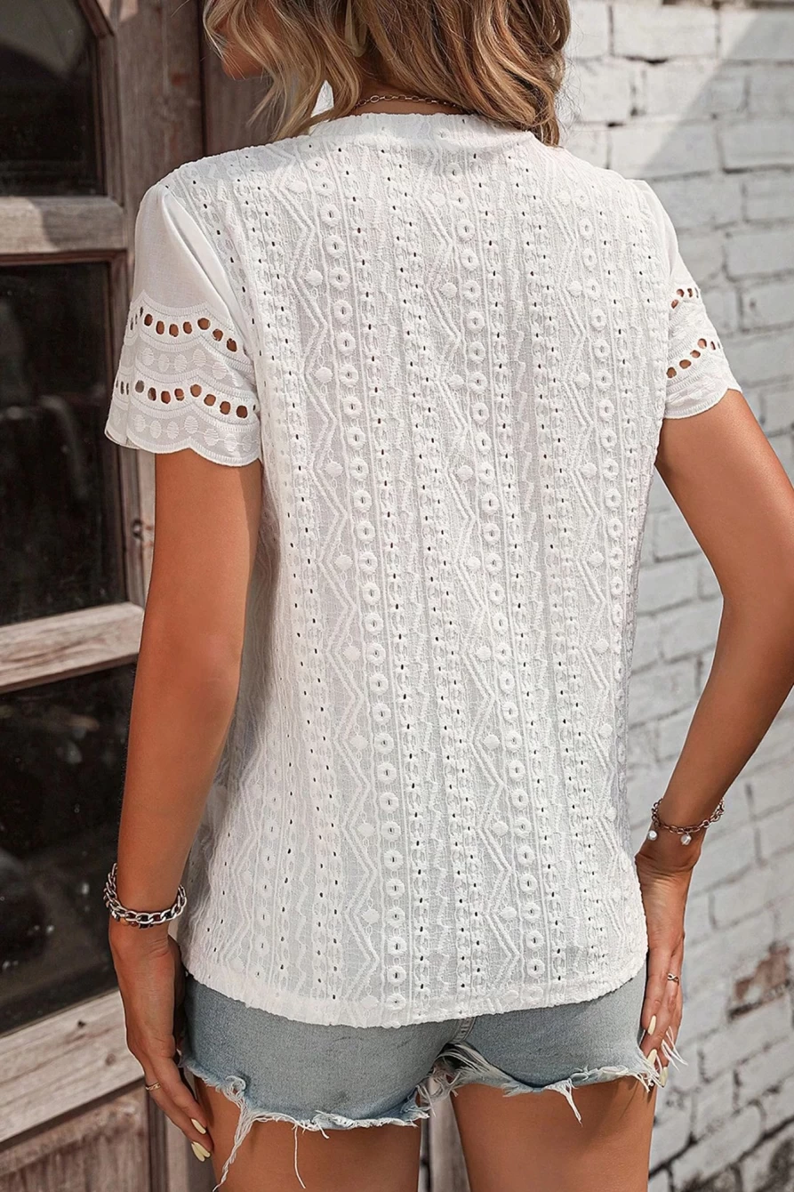 Shewin Women's White Eyelet Embroidered Scalloped Hem Short Sleeve Blouse Top