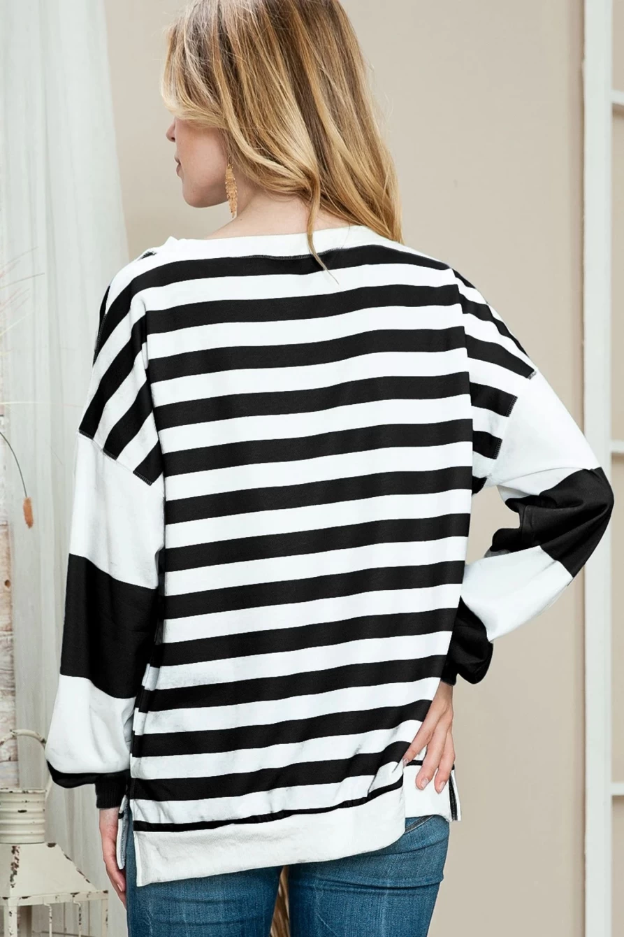 Shewin Women's Black Striped Colorblock Drop Shoulder Pullover Sweatshirt