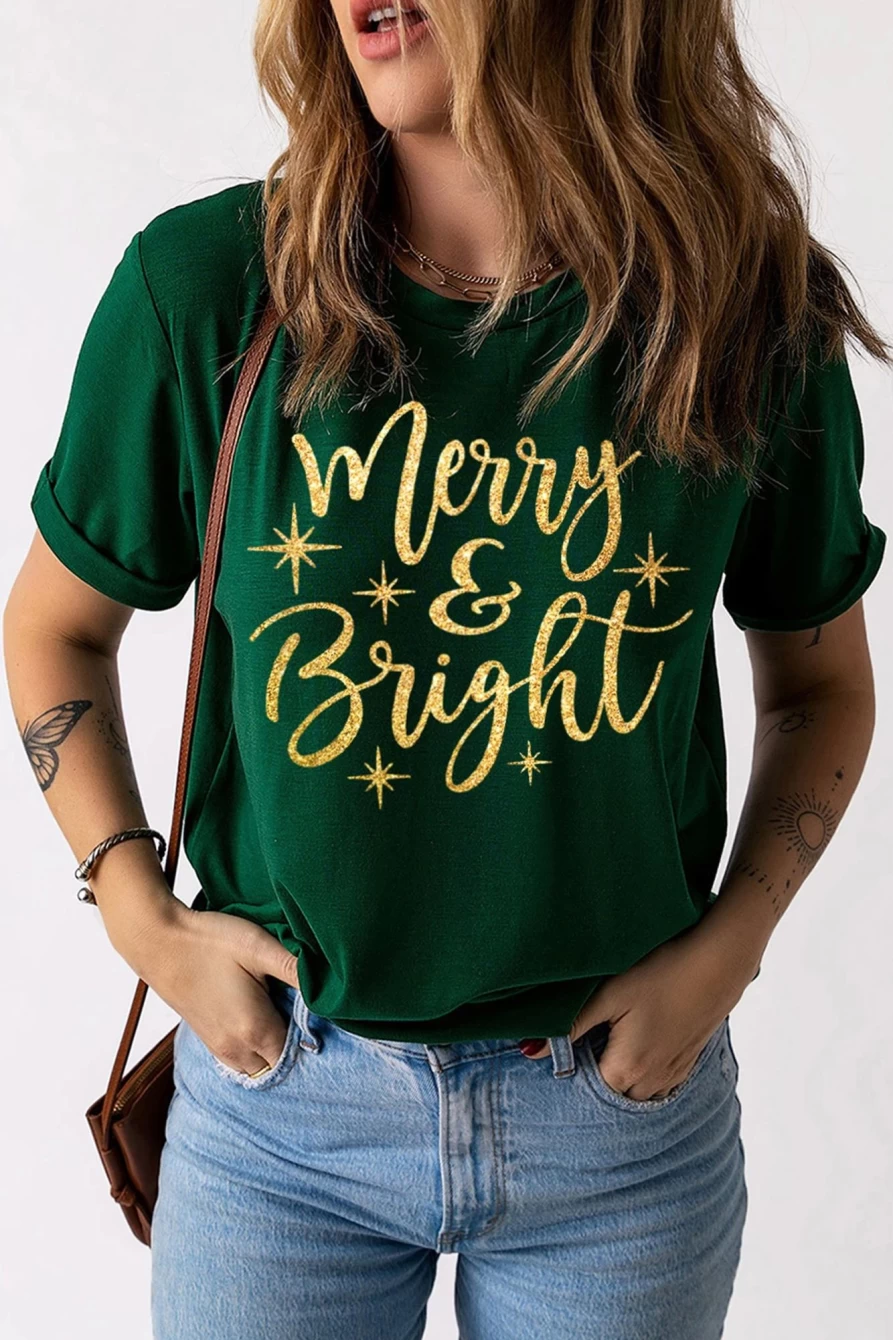 Shewin Women's Green Merry & Bright Starry Graphic Round Neck T-Shirt