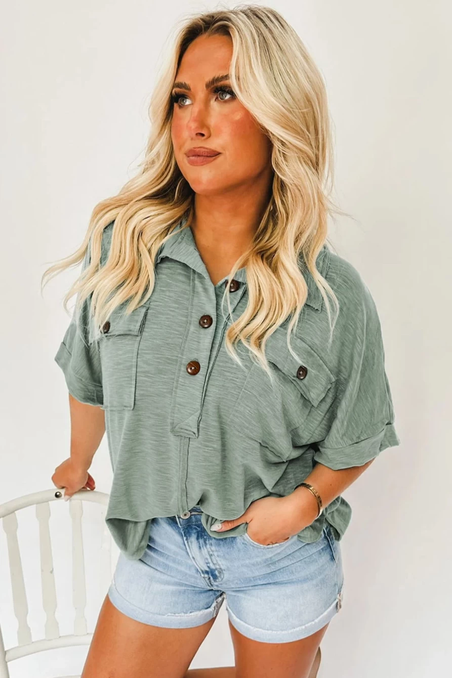 "Shewin Women's Moonlight Jade Collared Blouse with Chest Pockets & Half Button Design"