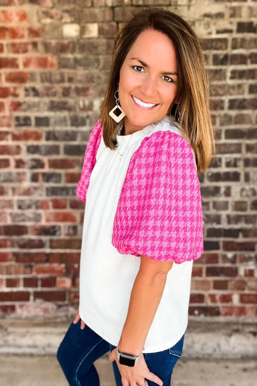 Shewin Women's White Tweed Patchwork Blouse with Lantern Sleeves
