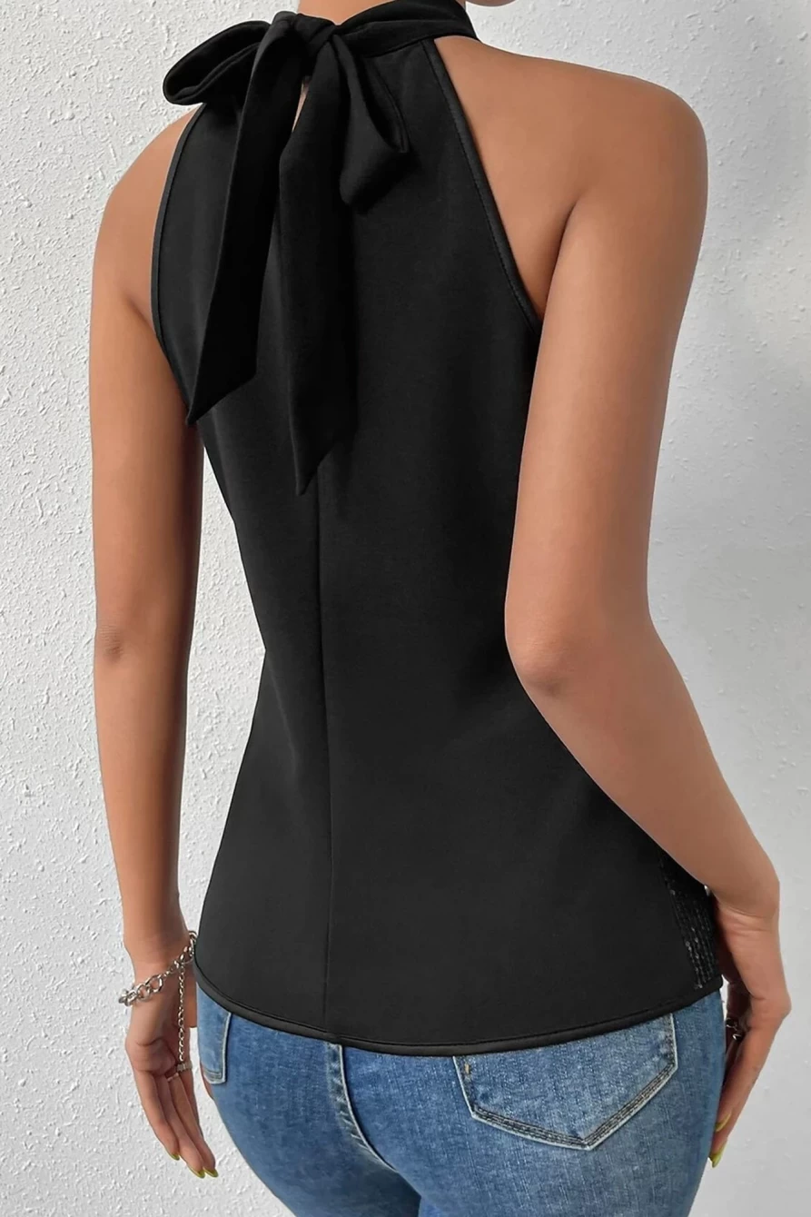 Shewin Women's Black Keyhole Tie Back Sequin Tank Top - Glitter Party T-Shirt for Women
