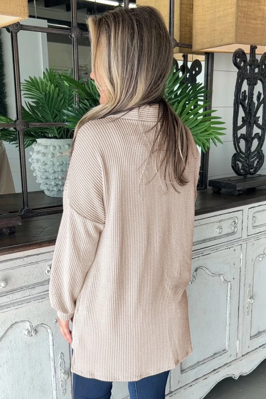 Shewin Women's Parchment Sequin Patch Chest Pocket Corded Shacket Jacket