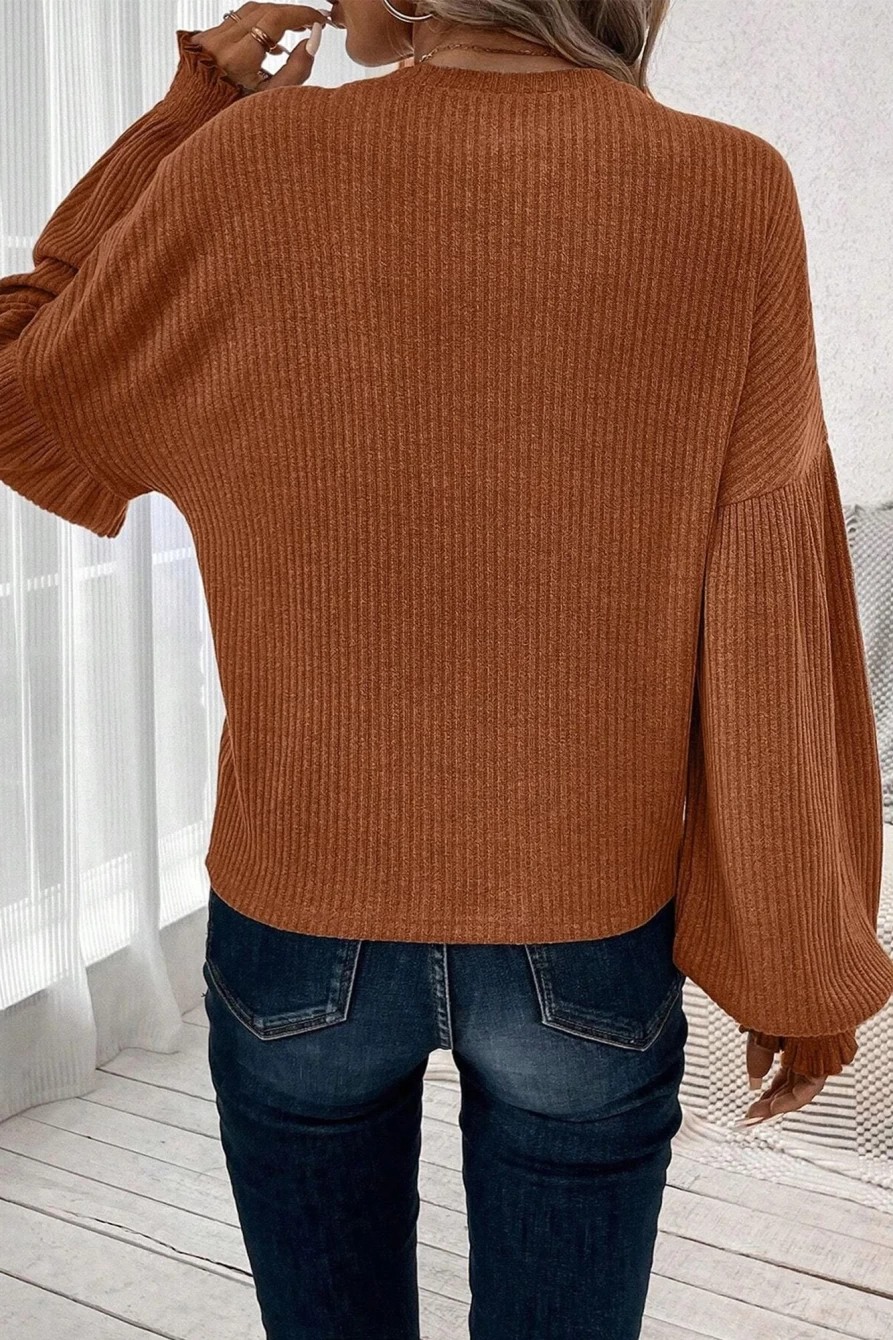Shewin Women's Chestnut Textured Ribbed Knit Drop Shoulder Top with Ruffled Sleeves