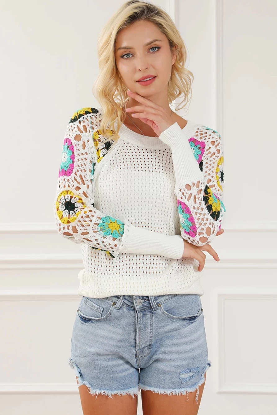 Shewin Women's White Hollow Crochet Floral Sleeve Knit Sweater