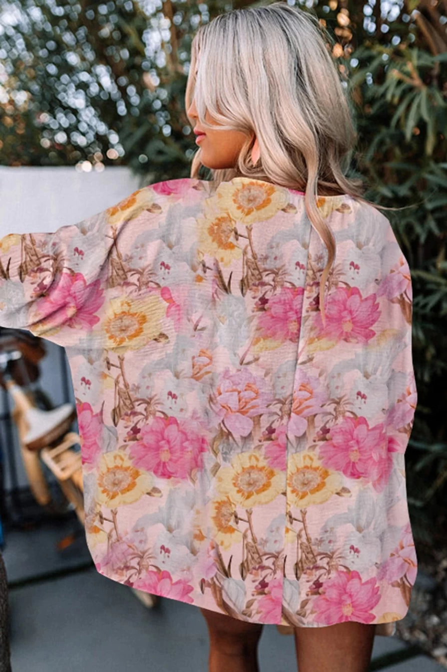 Shewin Women's Pink Floral Blouse with Shirred Cuffs & 3/4 Loose Sleeves