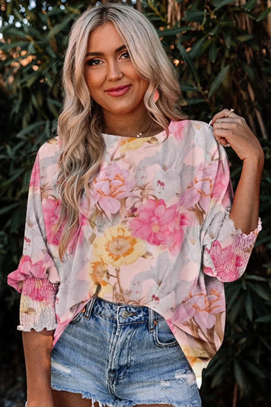 Shewin Women's Pink Floral Blouse with Shirred Cuffs & 3/4 Loose Sleeves