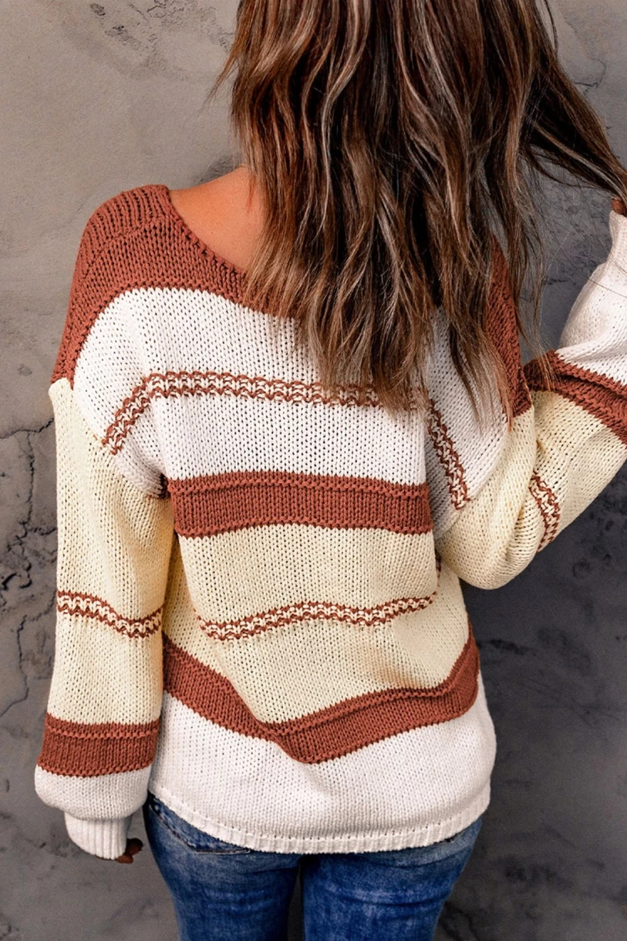 Women's Red Colorblock V-Neck Casual Knit Pullover Sweater | Shewin