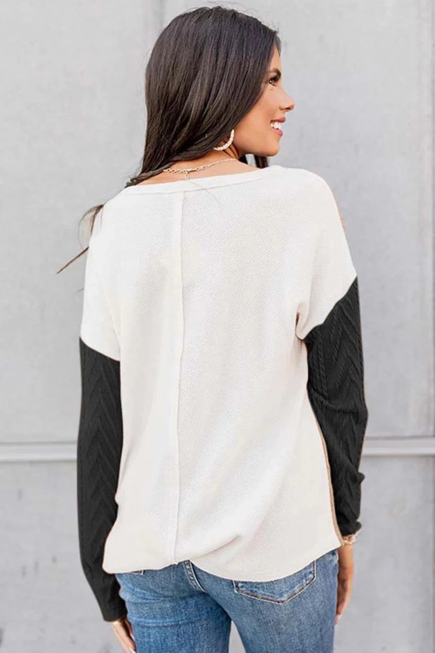 Shewin Women's Black Long Sleeve Colorblock Textured Knit Top with Chest Pocket