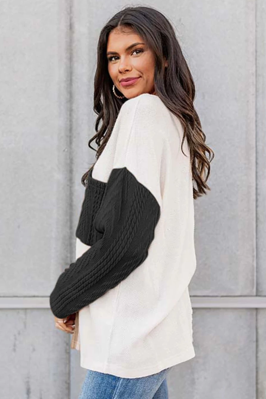 Shewin Women's Black Long Sleeve Colorblock Textured Knit Top with Chest Pocket