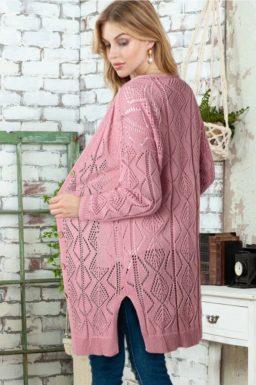 Shewin Women's Pink Button Up Hollow Out Long Loose Cardigan