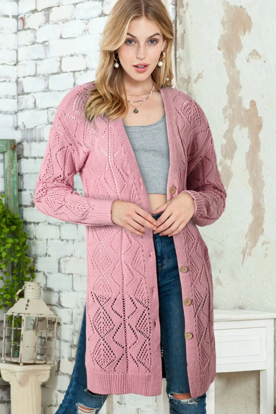 Shewin Women's Pink Button Up Hollow Out Long Loose Cardigan