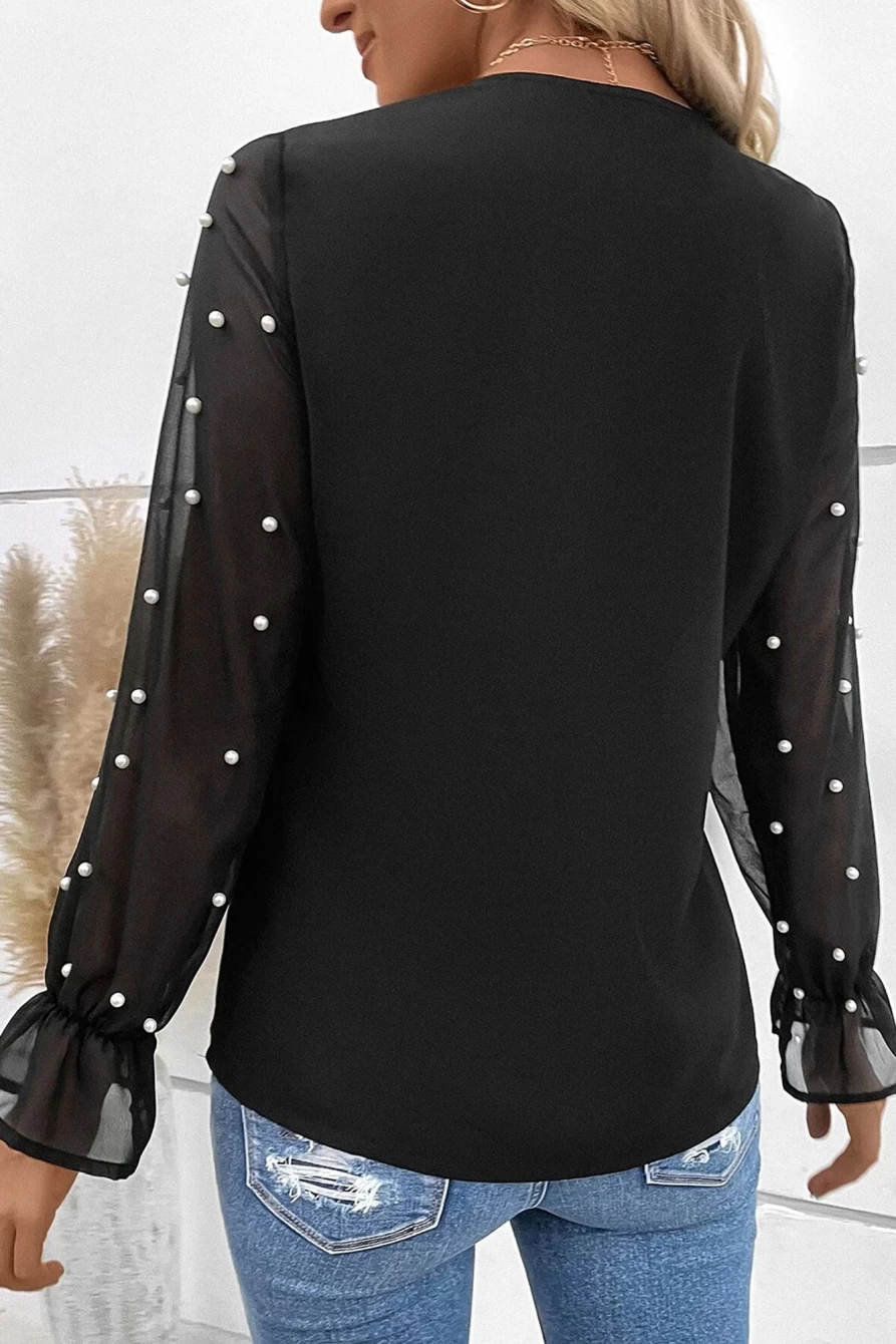 Shewin Women's Black Pearl Mesh Sleeve Solid V-Neck Blouse