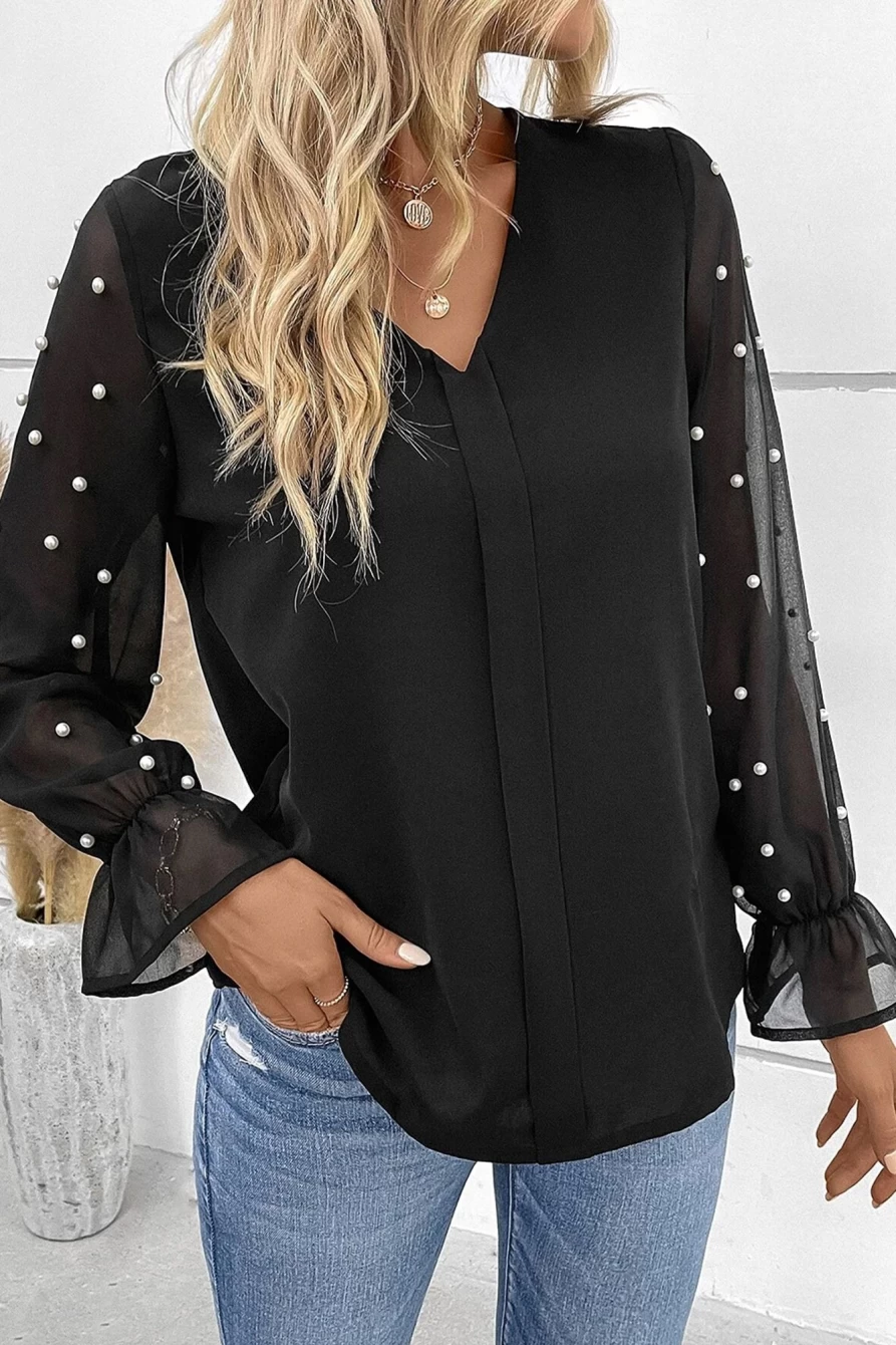 Shewin Women's Black Pearl Mesh Sleeve Solid V-Neck Blouse