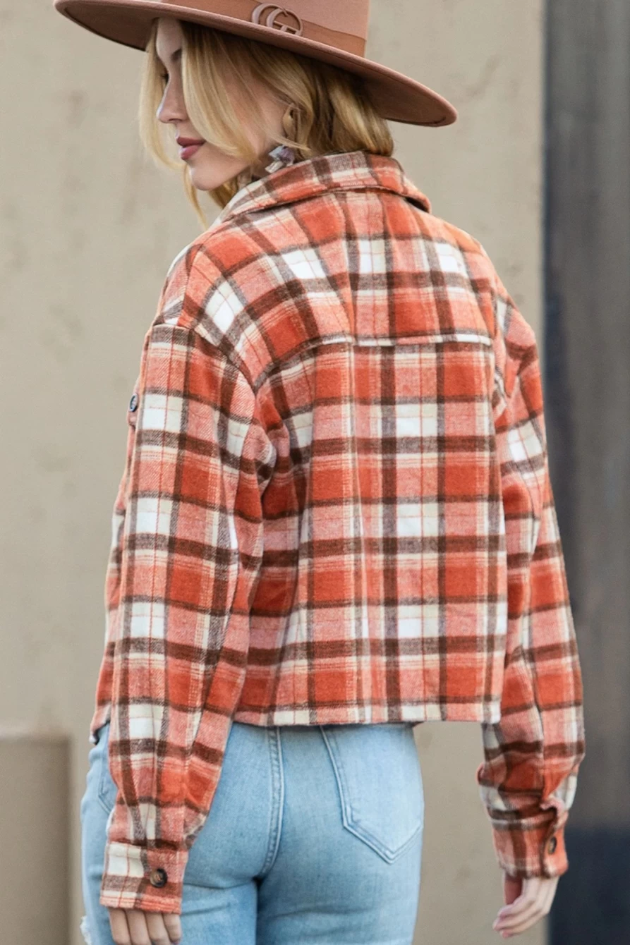 Women's Orange Plaid Cropped Jacket with Button-Up Front & Flap Pockets | Shewin