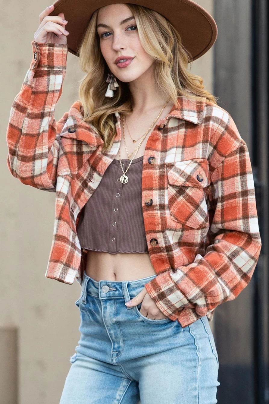 Women's Orange Plaid Cropped Jacket with Button-Up Front & Flap Pockets | Shewin