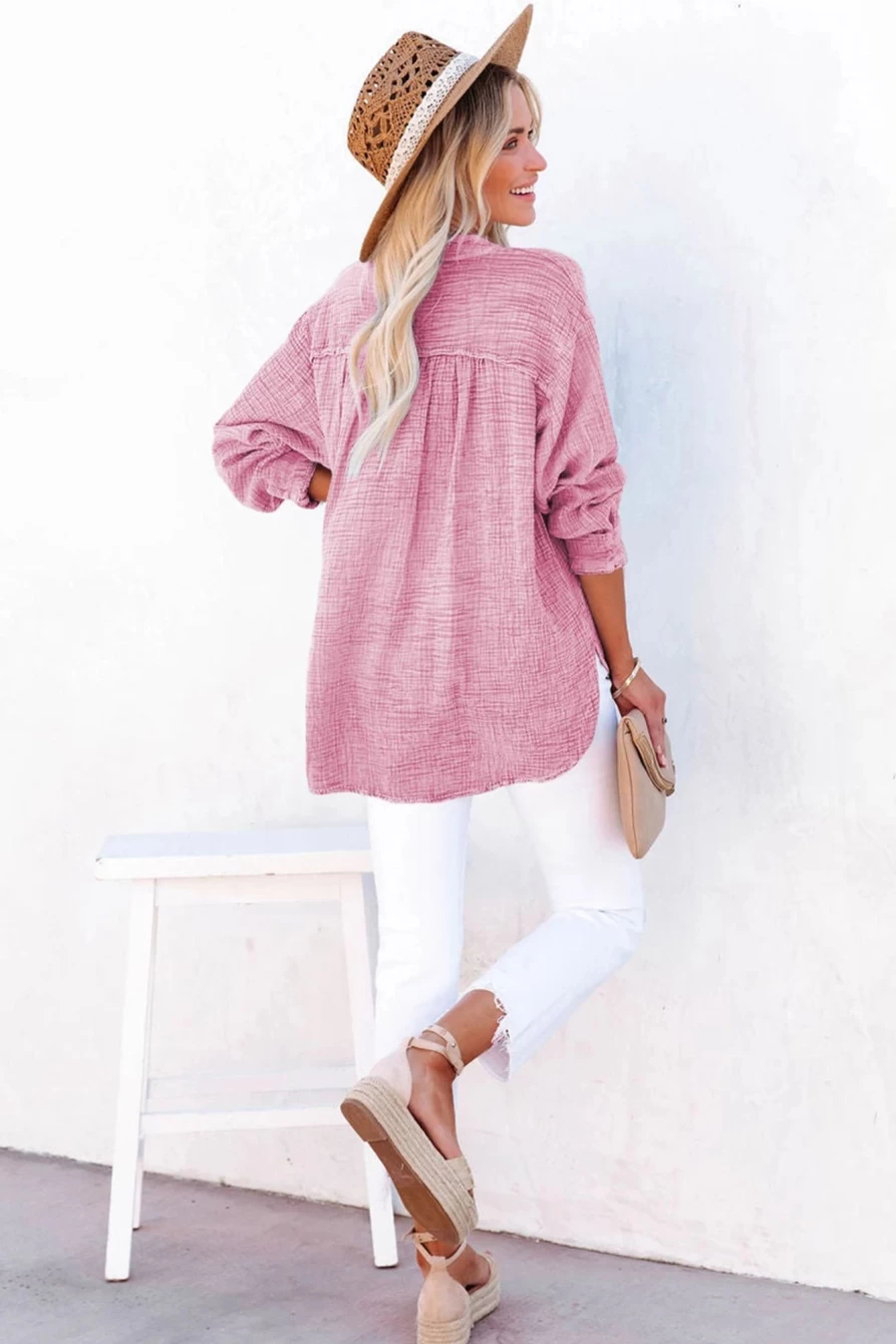 Women's Pink Loose Crinkle Button V-Neck Henley Top by Shewin