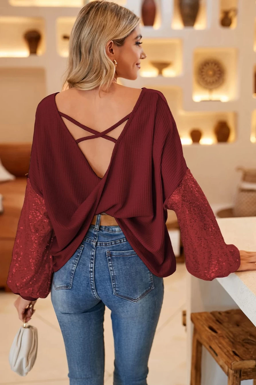 Shewin Women's Biking Red Sequin Bishop Sleeve Backless Top