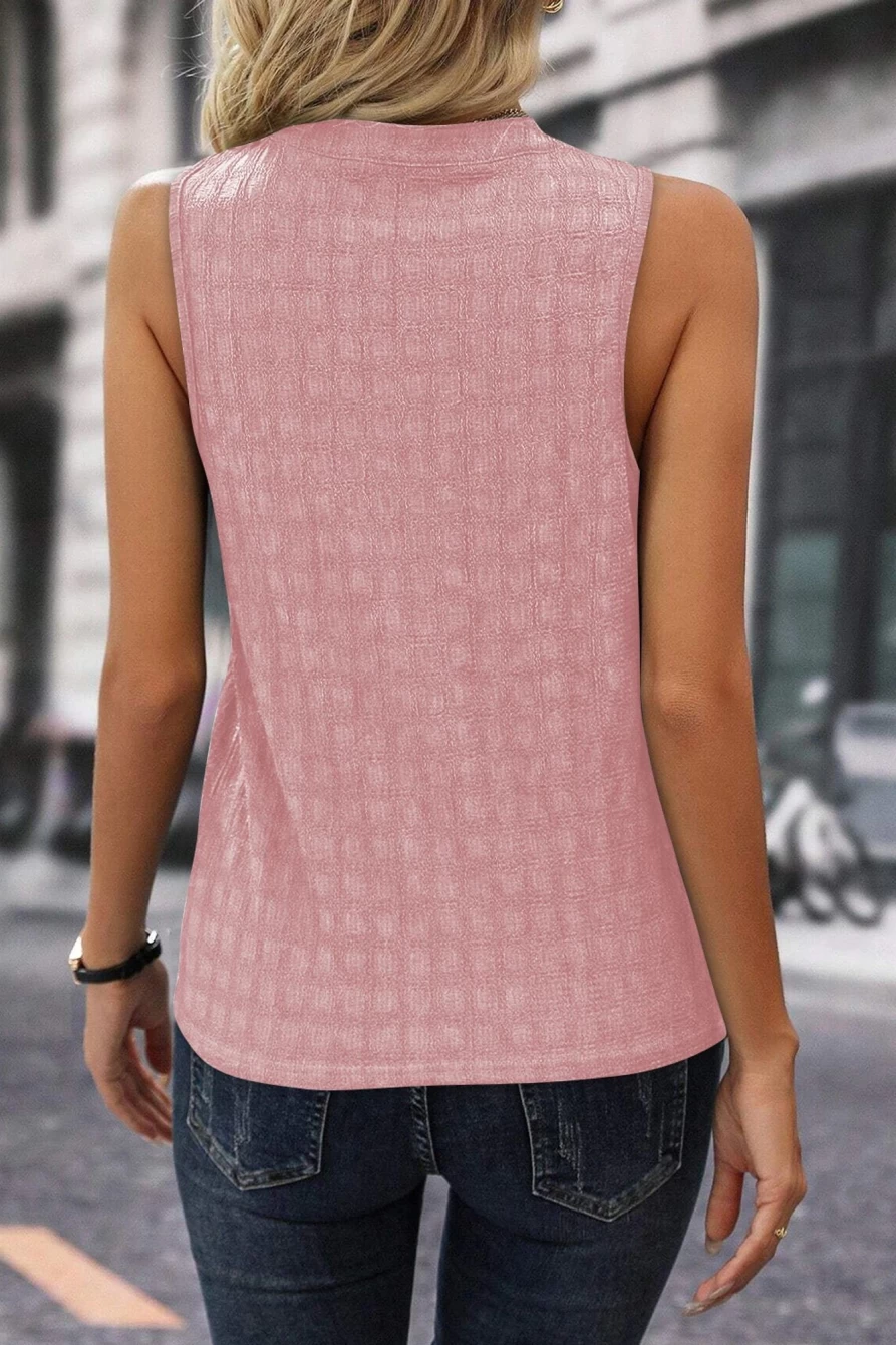 Shewin Women's Pink Textured Split V-Neck Sleeveless Top