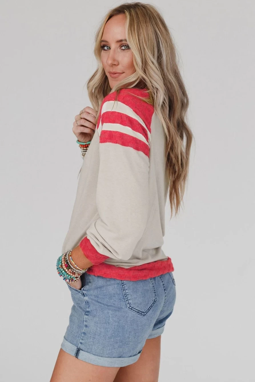 Shewin Women's Apricot Color Block Raglan Long Sleeve Top