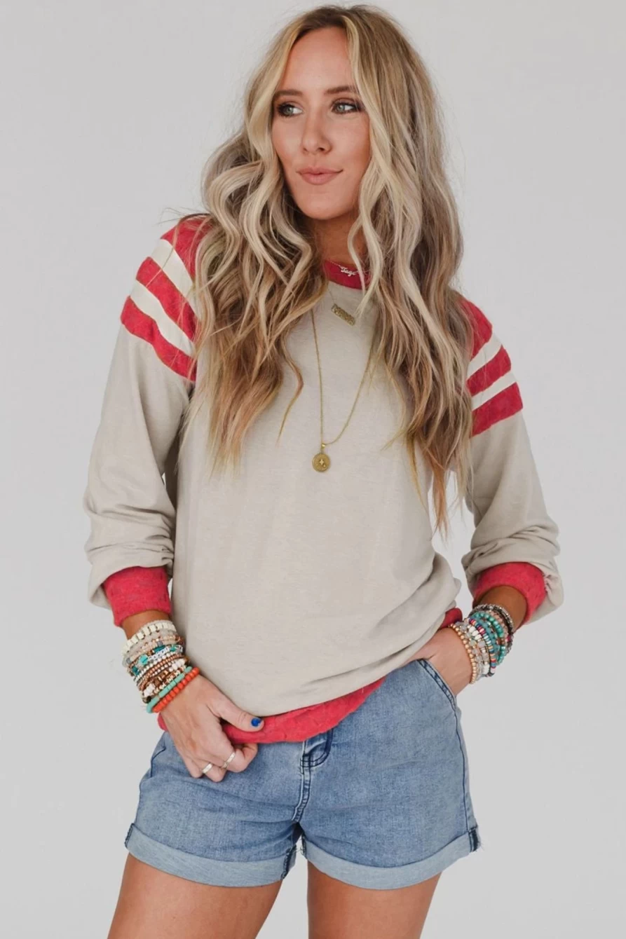 Shewin Women's Apricot Color Block Raglan Long Sleeve Top