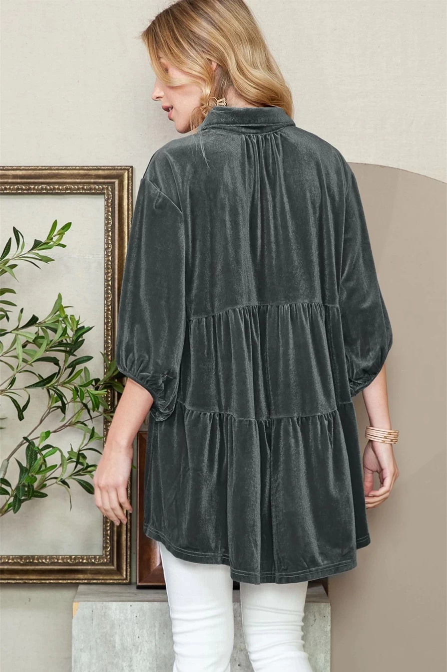 Shewin Women's Dark Grey Velvet Babydoll Tunic with Lantern Sleeves