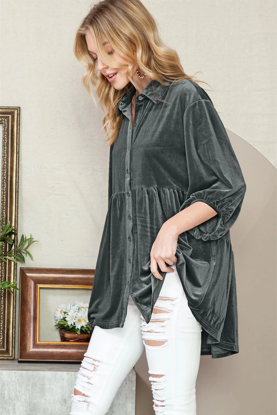 Shewin Women's Dark Grey Velvet Babydoll Tunic with Lantern Sleeves