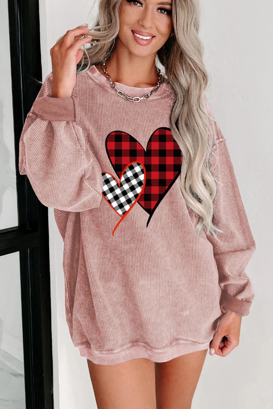 Shewin Women's Pink Plaid Heart Print Drop Sleeve Graphic Sweatshirt with Corded Details