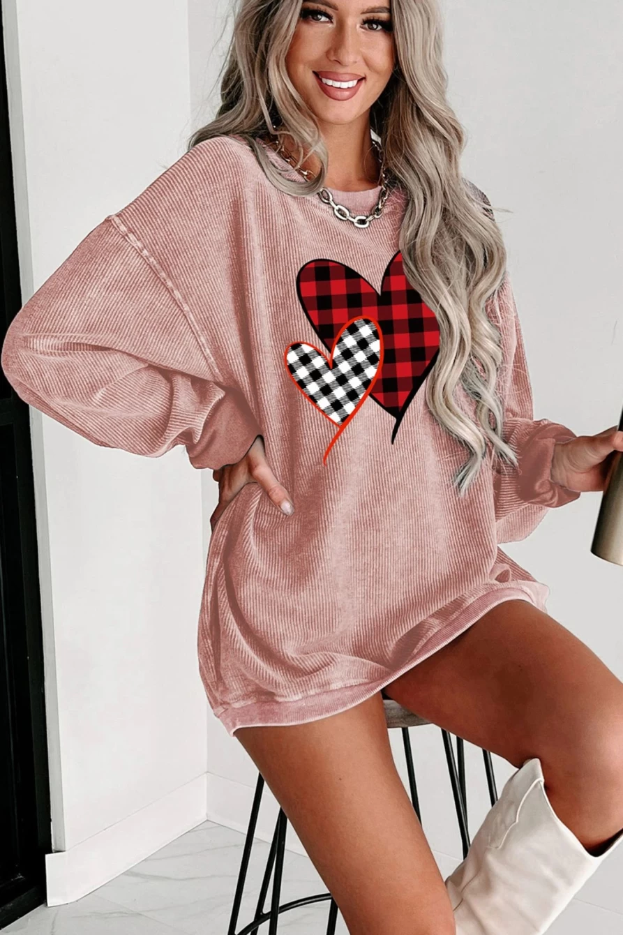 Shewin Women's Pink Plaid Heart Print Drop Sleeve Graphic Sweatshirt with Corded Details