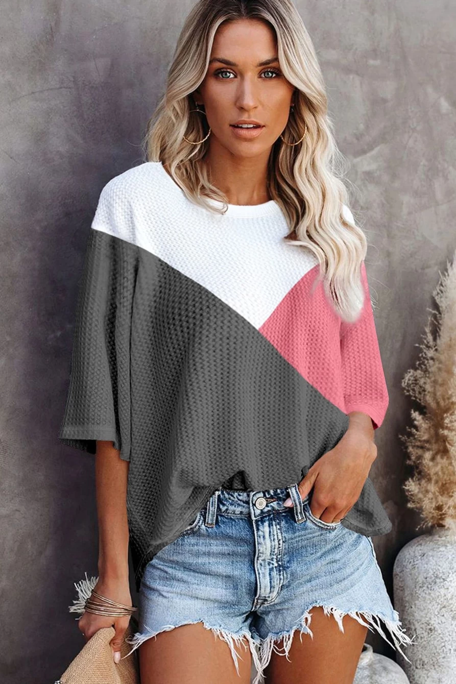 "SheWin Women's Strawberry Pink Waffle Knit Color Block Half Sleeve T-Shirt"