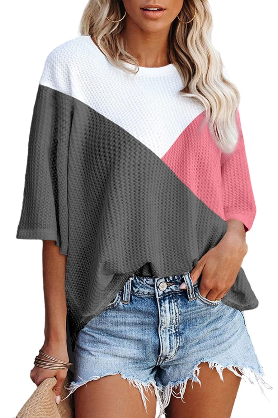 "SheWin Women's Strawberry Pink Waffle Knit Color Block Half Sleeve T-Shirt"