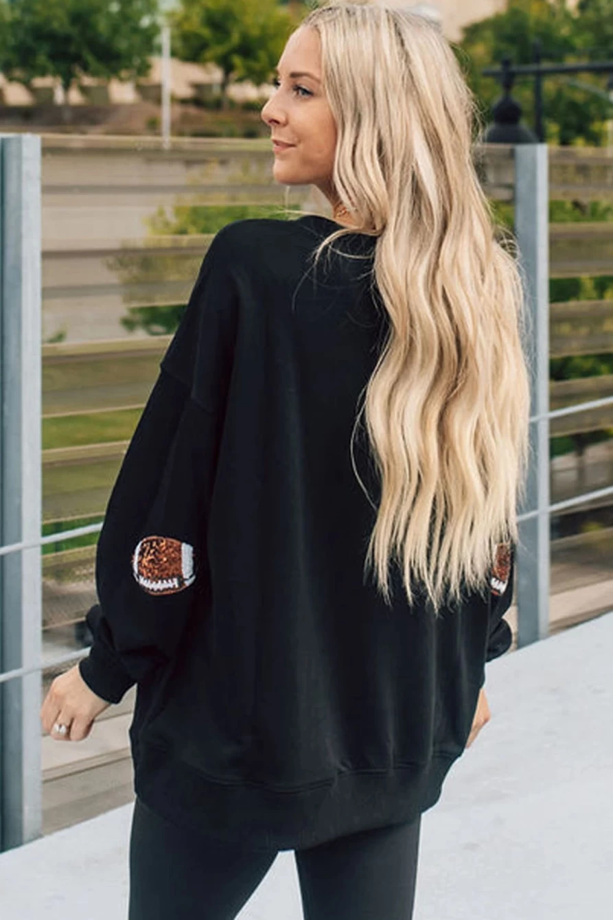 Shewin Women's Black Sequin Rugby Graphic Pullover Sweatshirt
