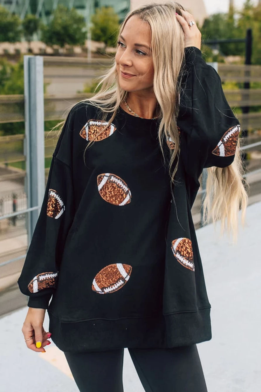 Shewin Women's Black Sequin Rugby Graphic Pullover Sweatshirt