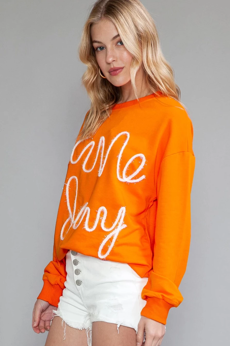 Shewin Women's Carrot Orange Contrast Trim Long Sleeve Game Day Top