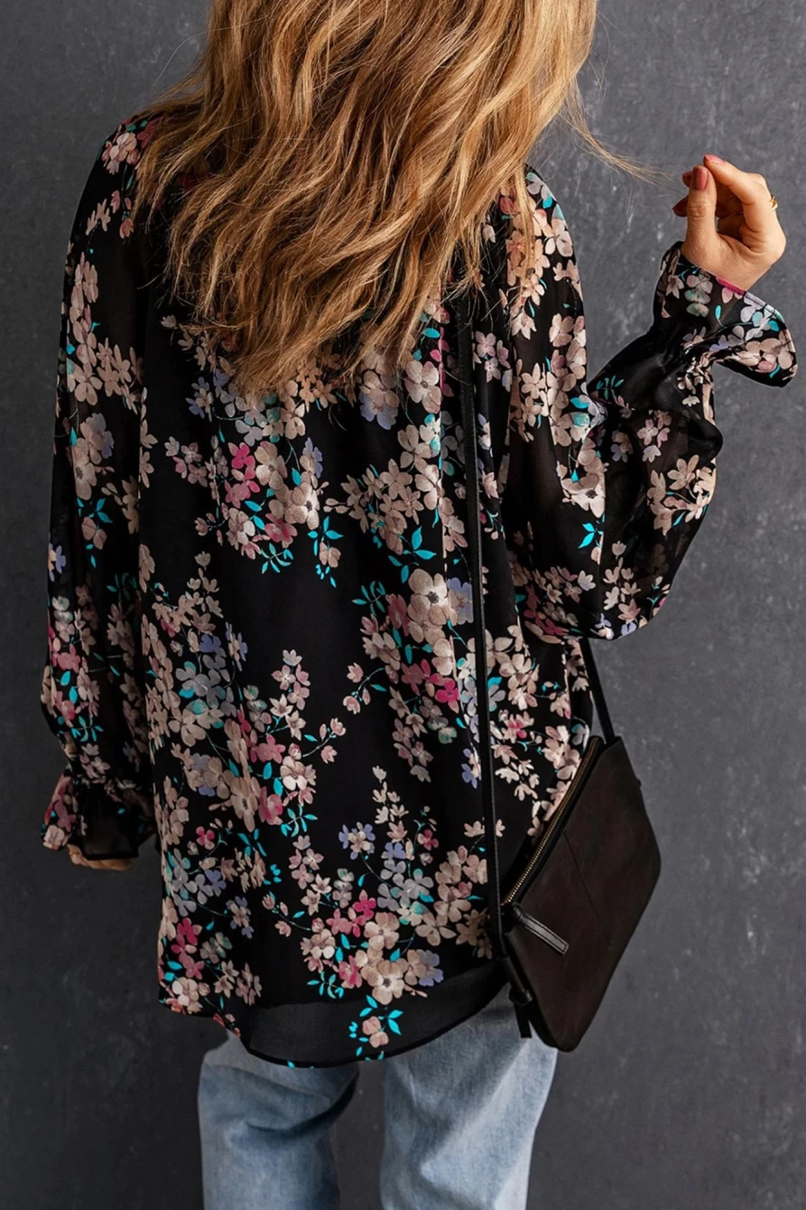 Shewin Women's Black Floral Boho Chiffon Blouse with Ruffle Details