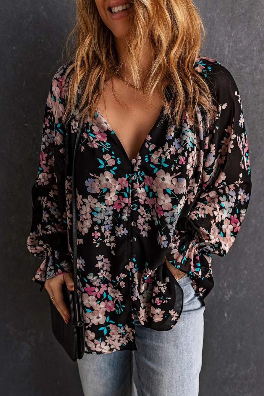 Shewin Women's Black Floral Boho Chiffon Blouse with Ruffle Details