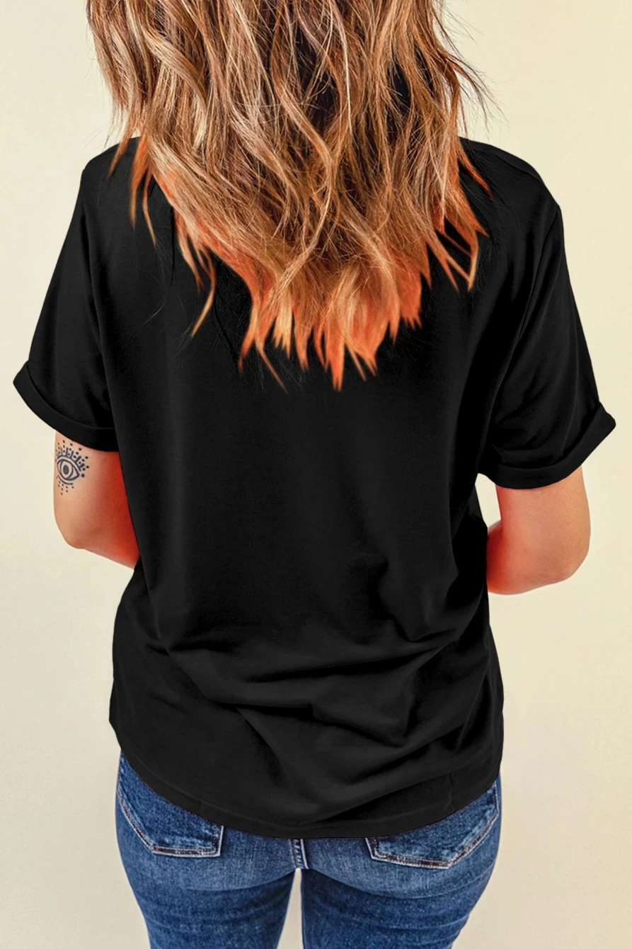 Shewin Women's Black Solid Color Basic Crew Neck Plain T-Shirt