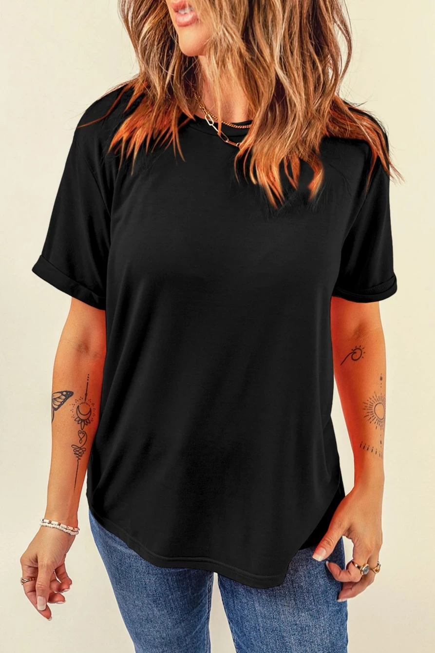 Shewin Women's Black Solid Color Basic Crew Neck Plain T-Shirt