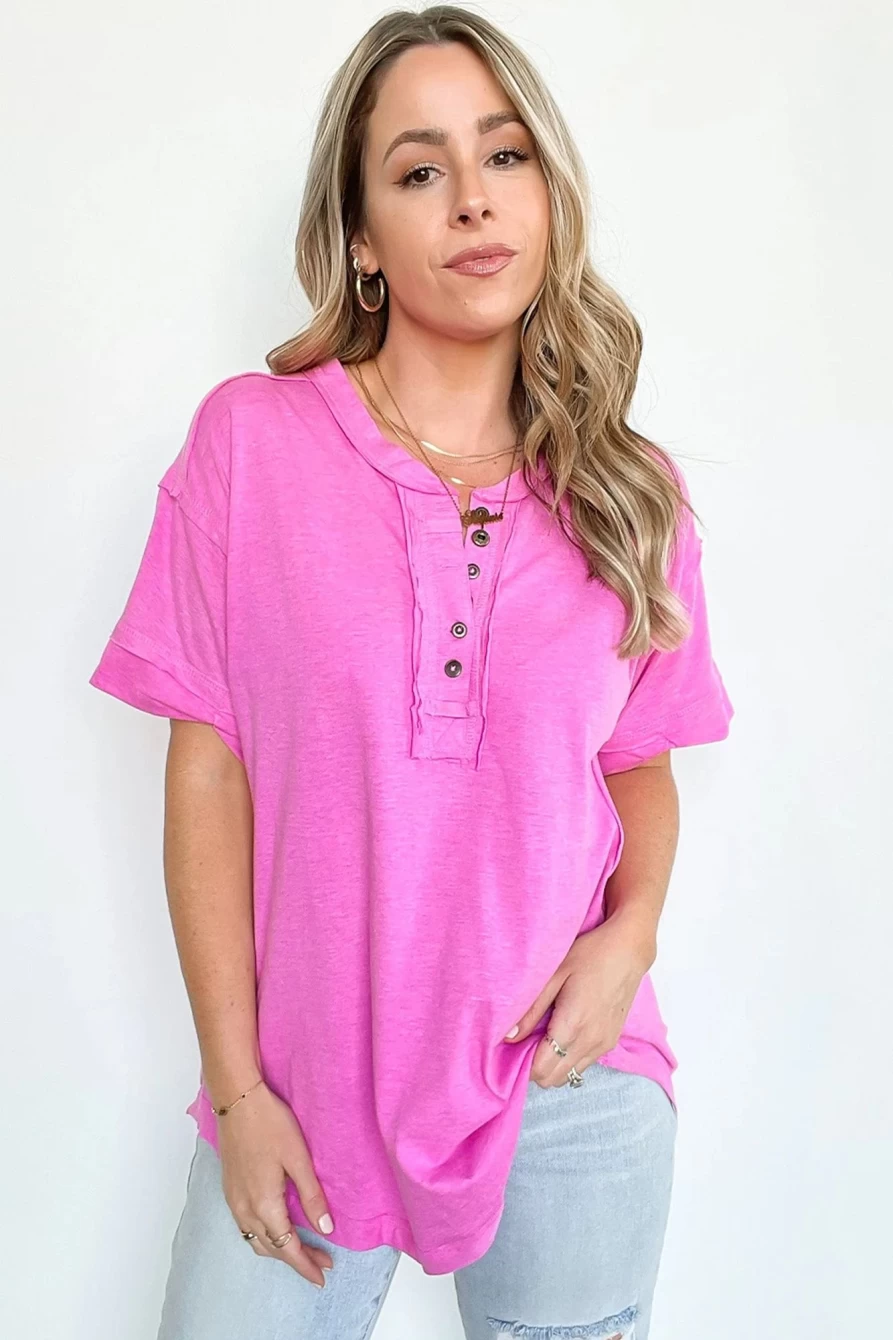 Shewin Women's Rose Solid Button Short Sleeve Henley Top