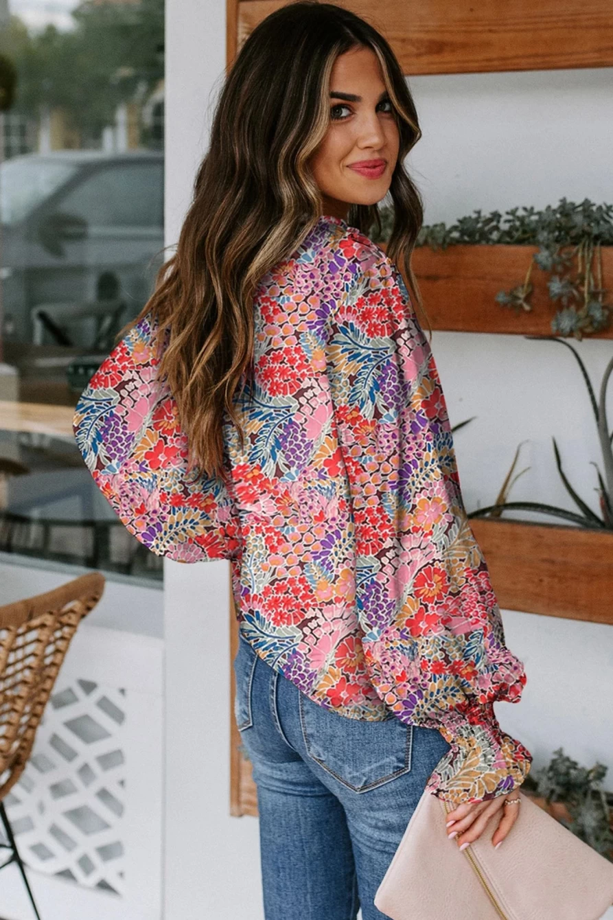 "SheWin Women's Red-2 Boho Floral Print Long Sleeve Tie Front Blouse"