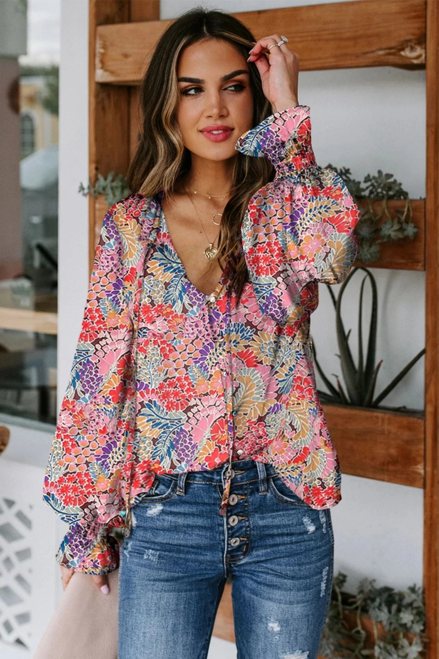 "SheWin Women's Red-2 Boho Floral Print Long Sleeve Tie Front Blouse"