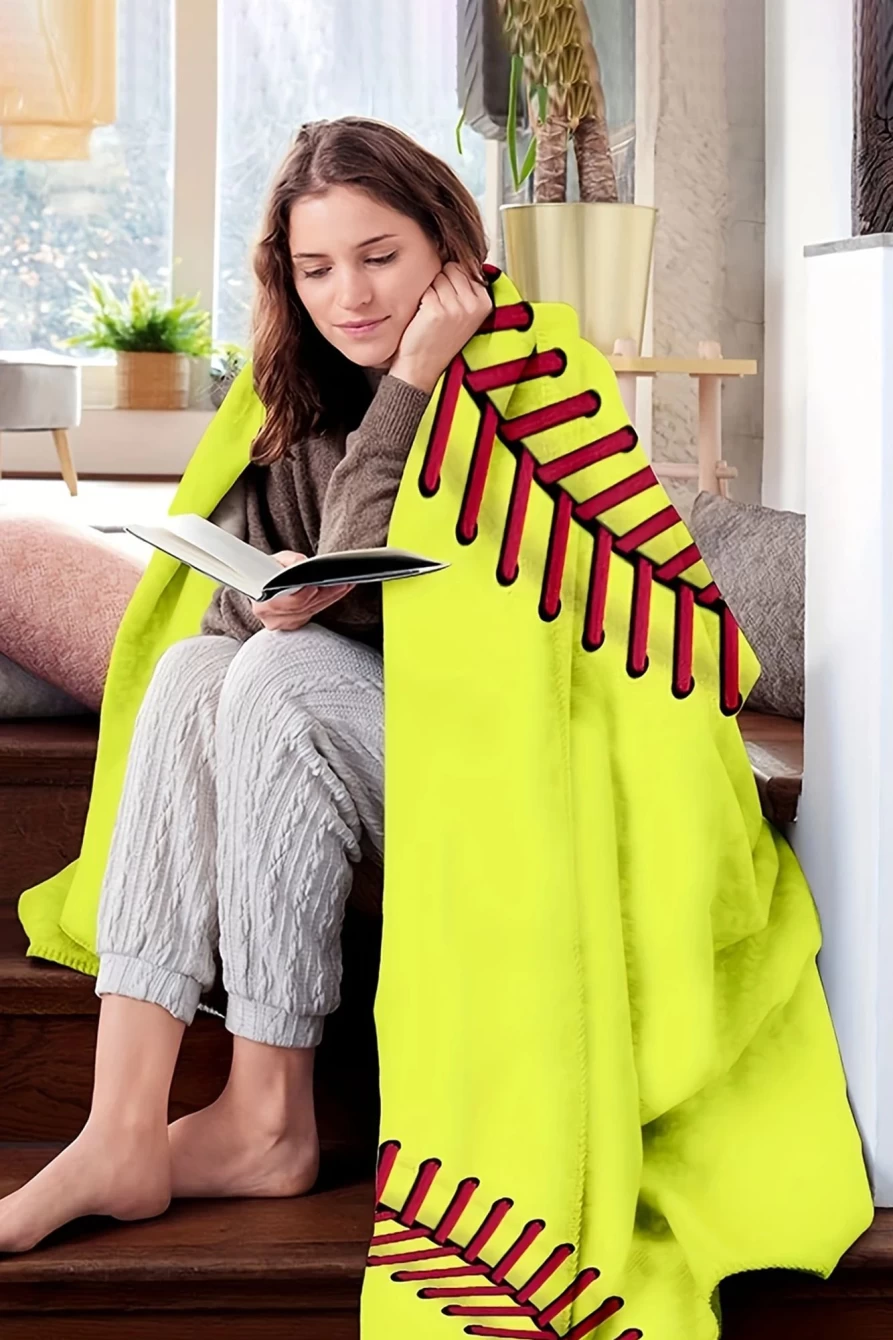 "Shewin Yellow Baseball Seam Print Flannel Blanket for Women - Soft Cozy Throw"
