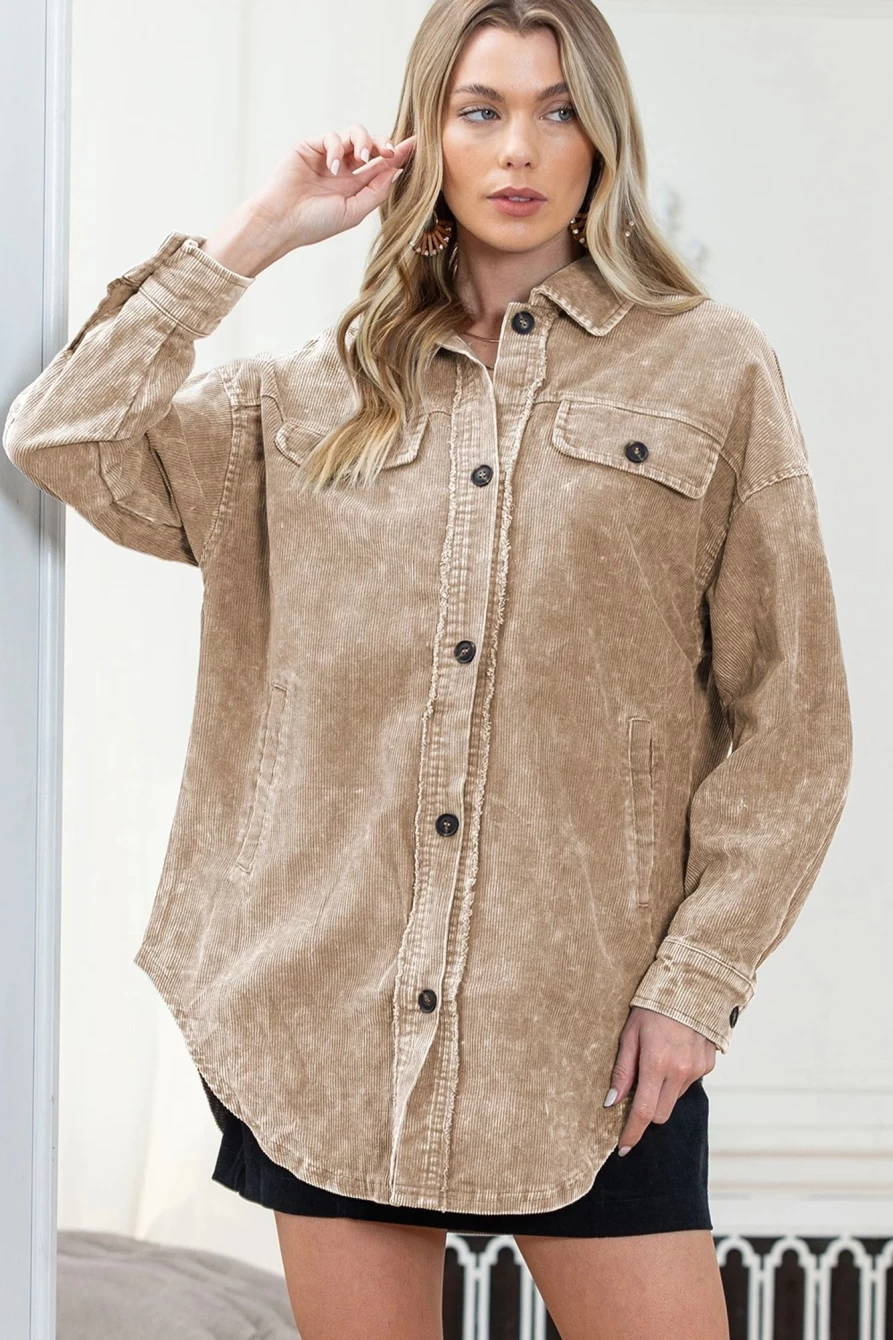 Shewin Women's Khaki Vintage Oversized Distressed Mineral Wash Shacket Coat