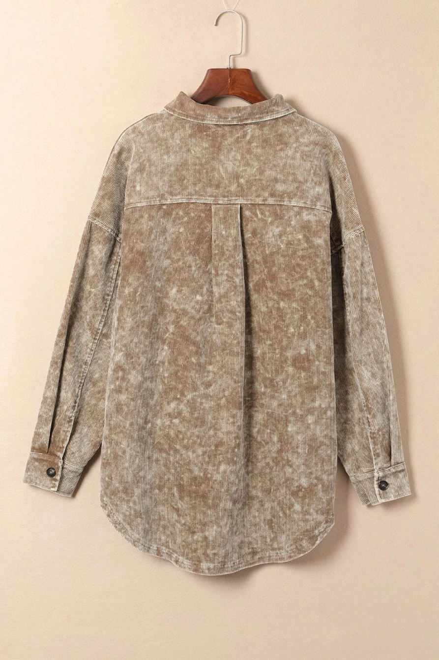 Shewin Women's Khaki Vintage Oversized Distressed Mineral Wash Shacket Coat