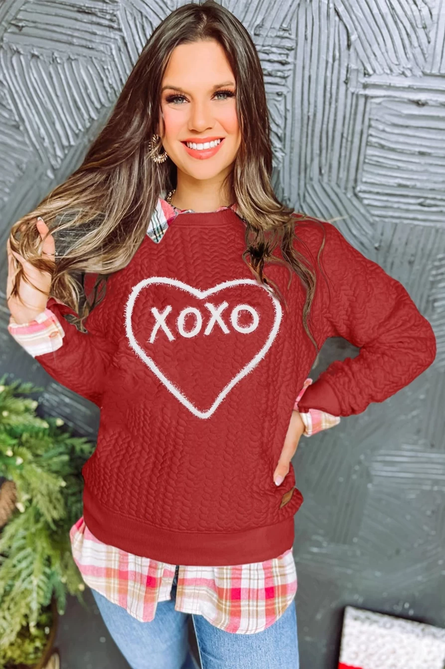 "SheWin Women's Racing Red Valentine Heart XOXO Quilted Sweatshirt"