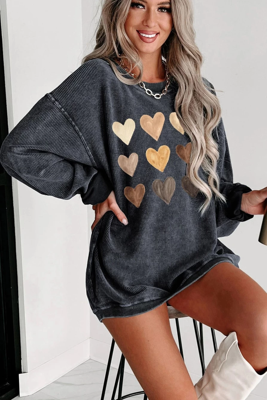 Shewin Women's Gray Valentine Heart Graphic Sweatshirt - Corded Romantic Pullover