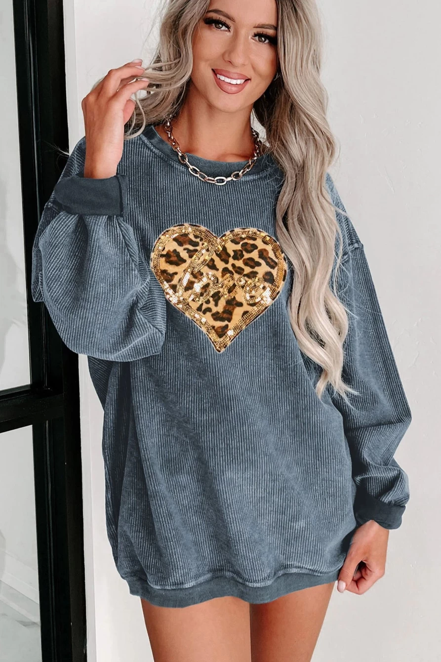"Shewin Women's Blue Leopard Print Sequined Heart Graphic Sweatshirt"