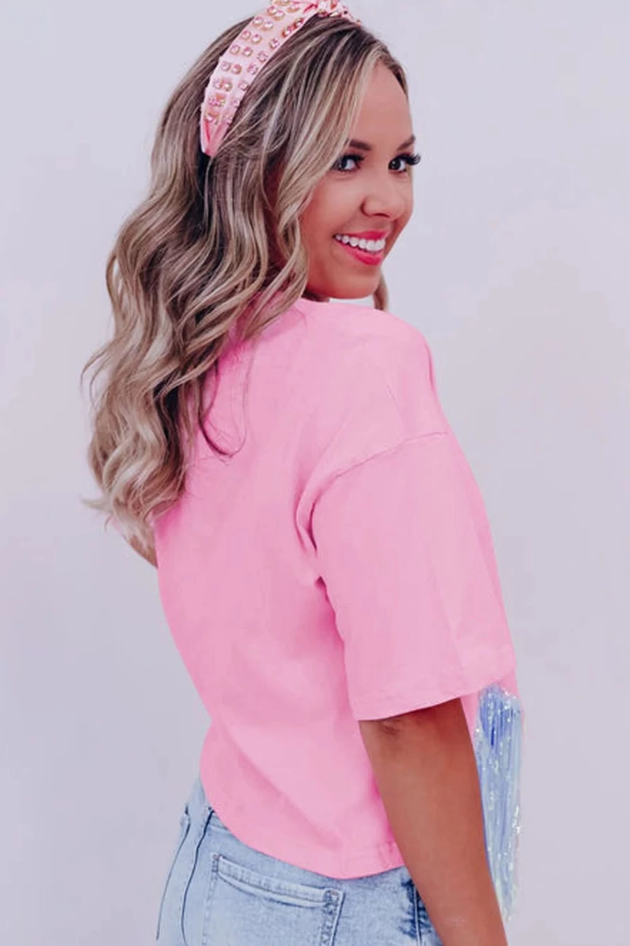 Shewin Women's Pink Casual Cropped T-Shirt with Fringe & Sequin Hem Detail