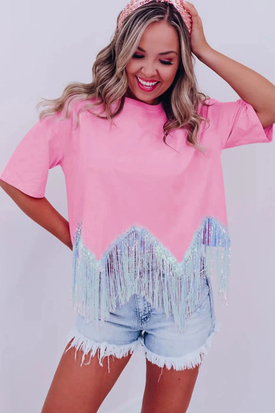 Shewin Women's Pink Casual Cropped T-Shirt with Fringe & Sequin Hem Detail